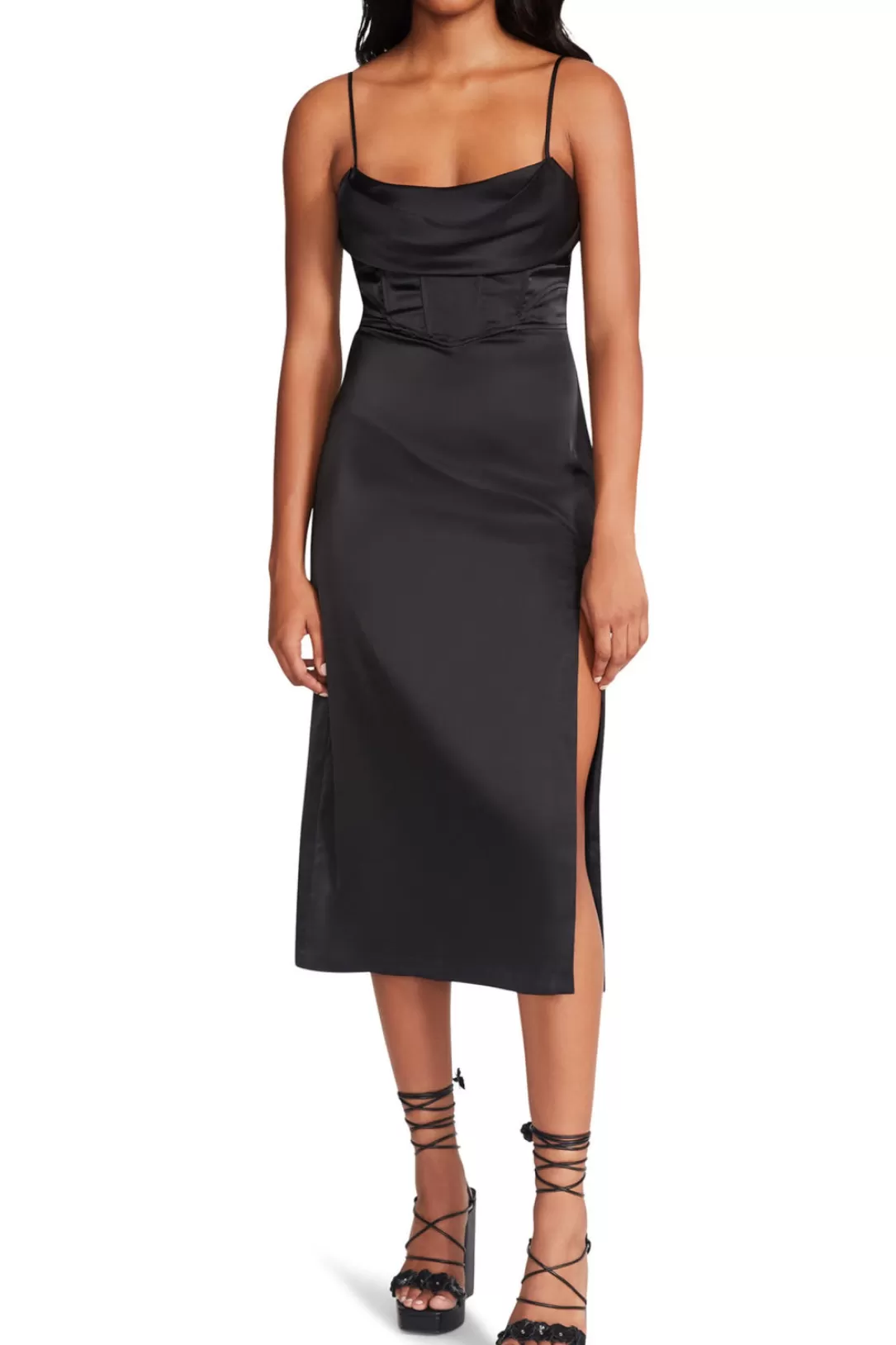 Women BB Dakota by Steve Madden Aimee Satin Midi Dress-Black |