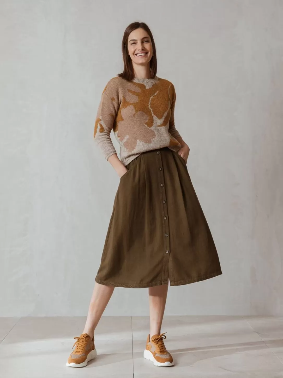 Women Indi & Cold A-Line Linen Skirt-Military |