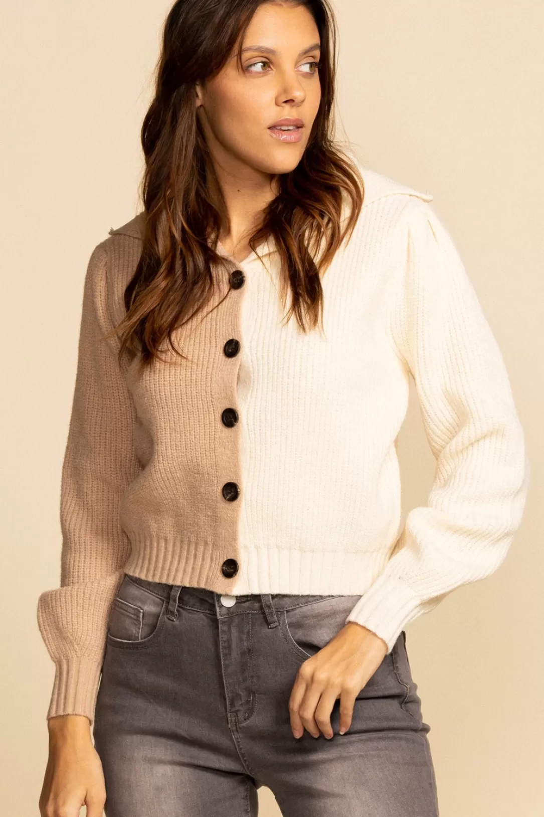 Women Pink Martini Amy Button-Up Sweater-Taupe |