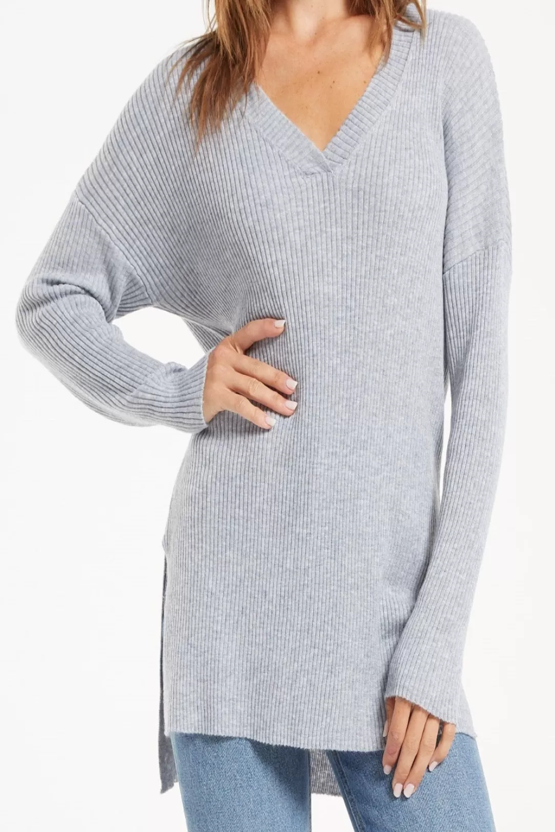 Women Z Supply Avalon V-Neck Sweater-Heather Grey