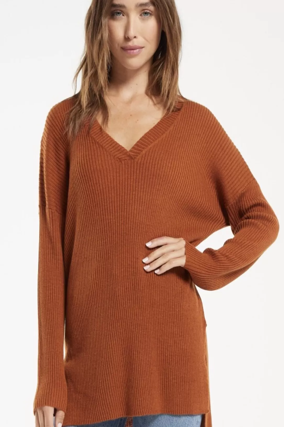 Women Z Supply Avalon V-Neck Sweater-Russet |