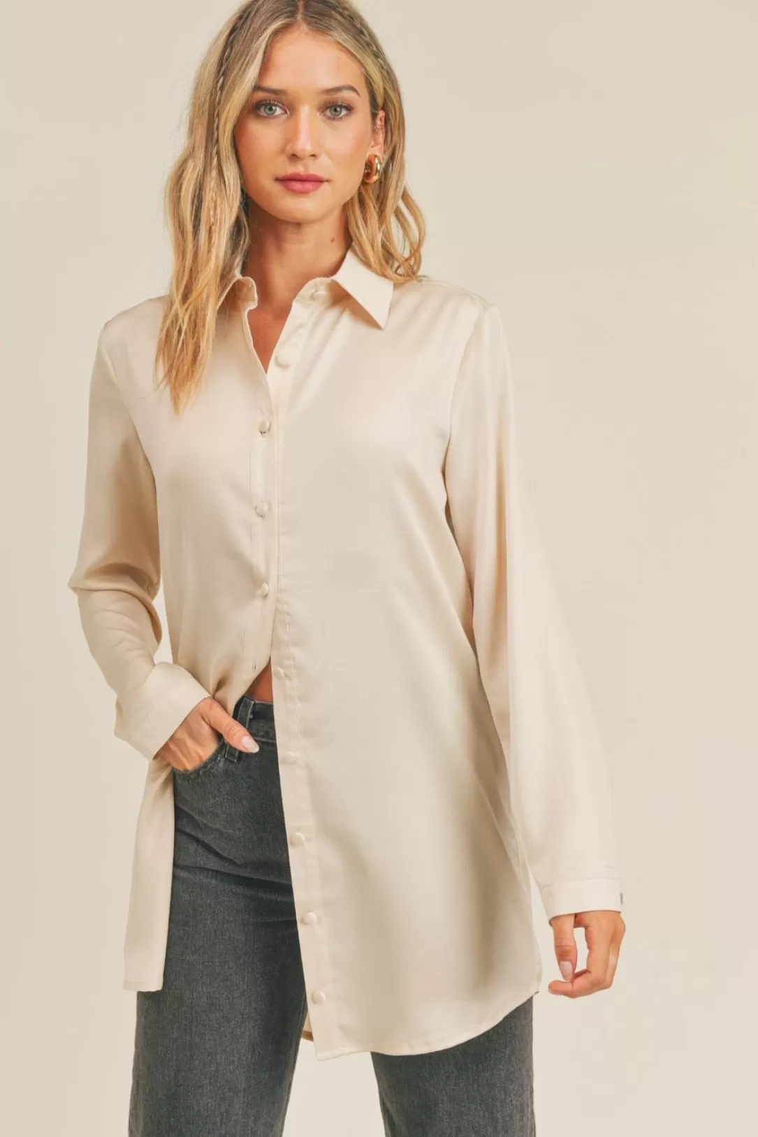 Women Sadie & Sage Bianca Satin Long Shirt-Beige |