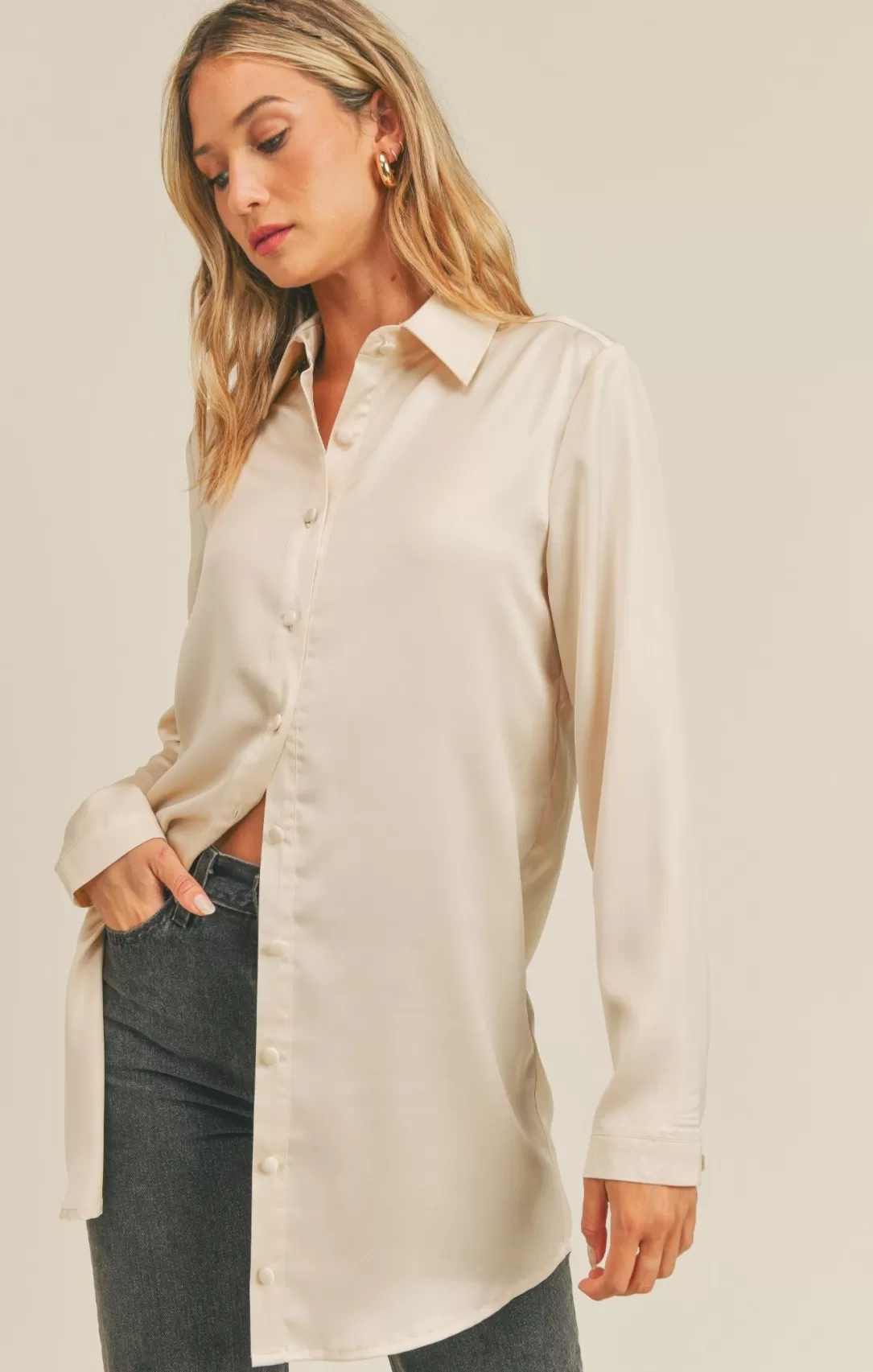 Women Sadie & Sage Bianca Satin Long Shirt-Beige |