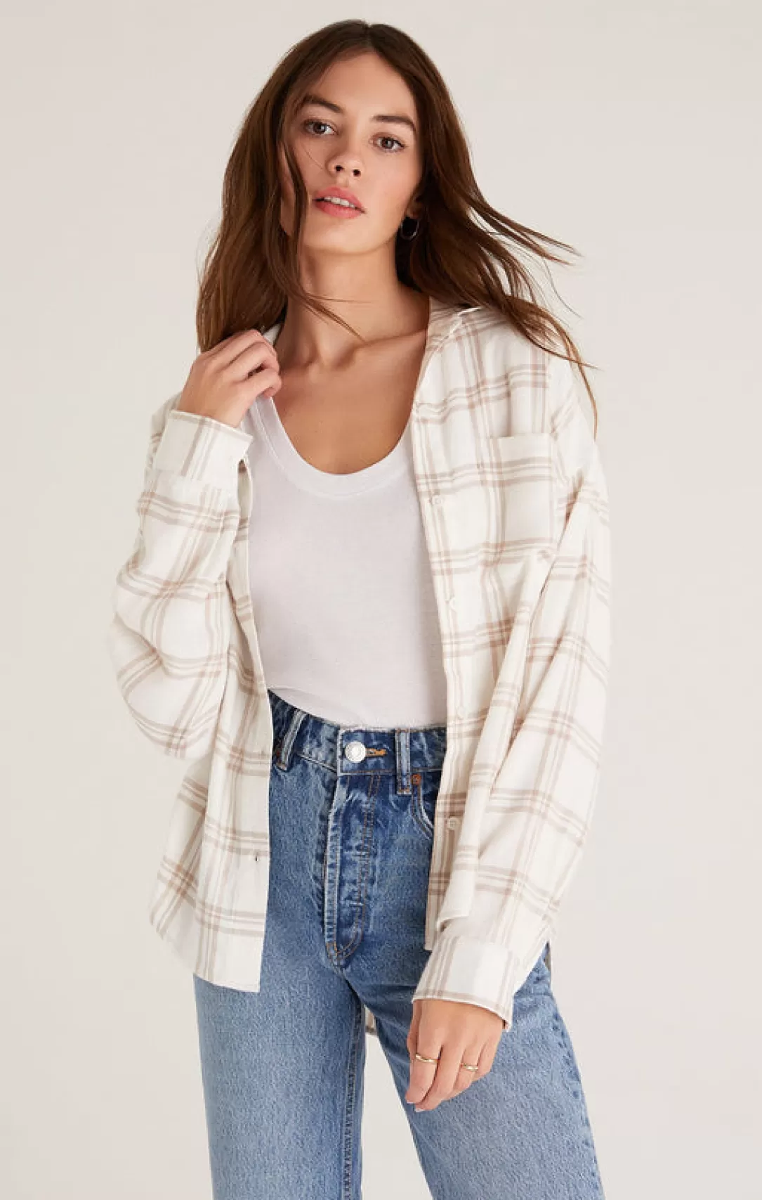 Women Z Supply Clio Plaid Button-Sandstone |