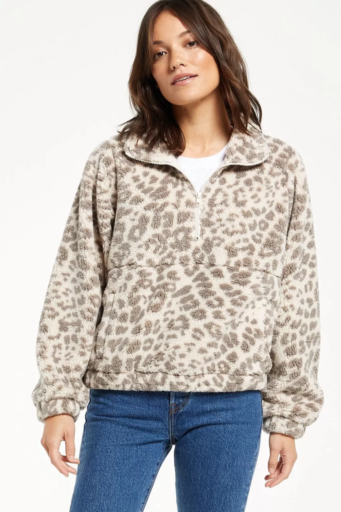 Women Z Supply Denver Leopard Sherpa Jacket-Mink Grey |