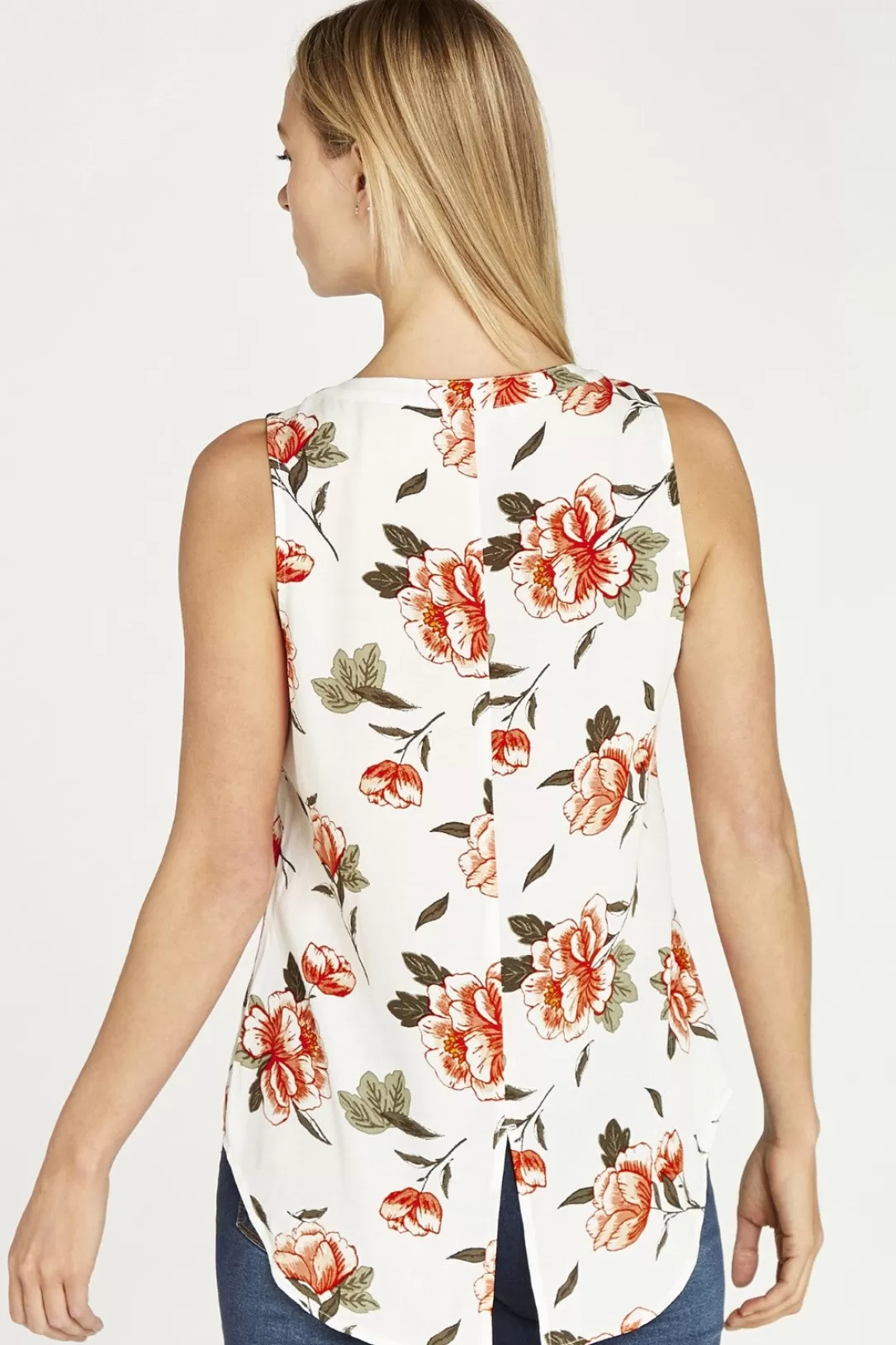 Women Apricot Floral Button Down Sleeveless Shirt |