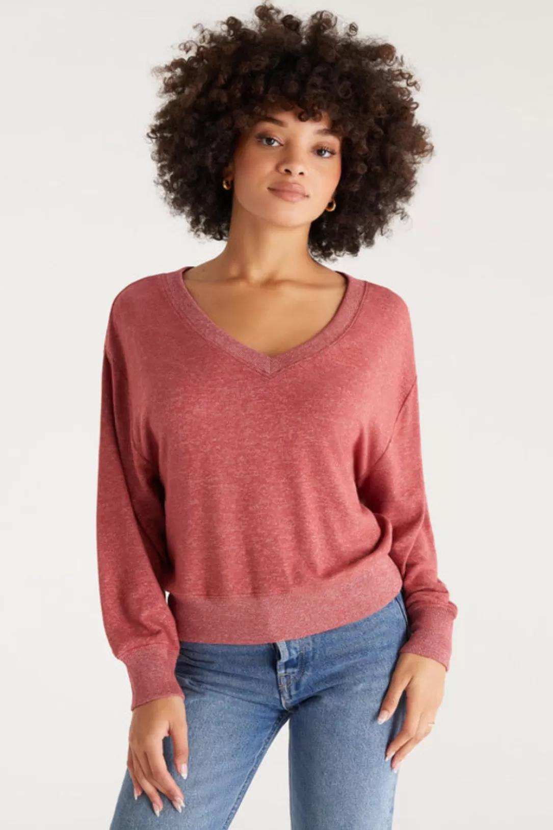 Women Z Supply Francis Marled V-Neck Top-Rouge |