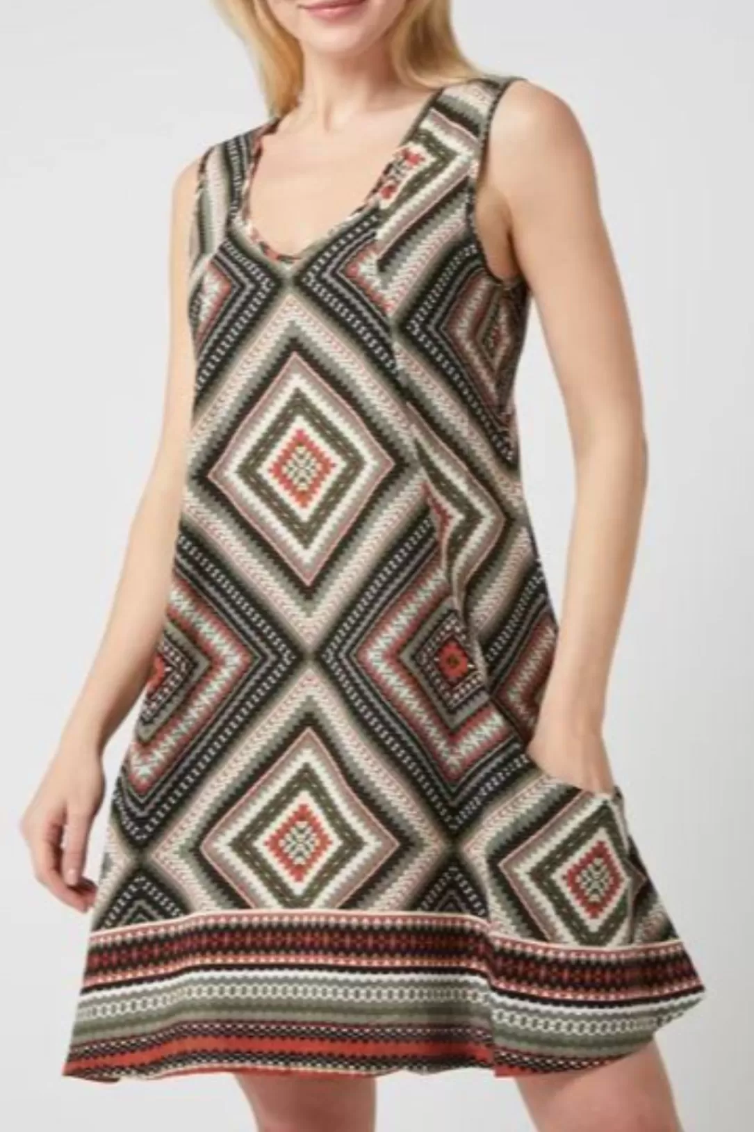 Women Apricot Geo Print V-Neck Dress-Khaki |