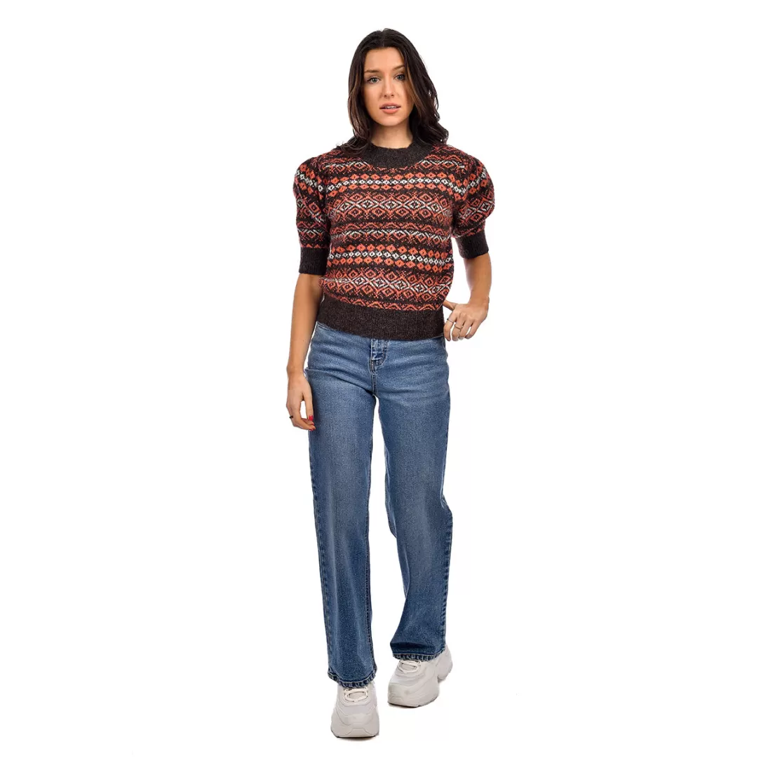 Women RD Style Giselle Fair Isle Short Sleeve Sweater-Brown Mix |