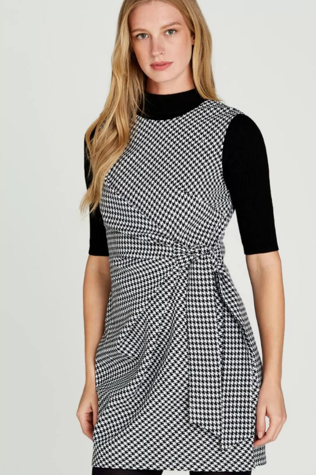 Women Apricot Houndstooth Side Knot Dress |