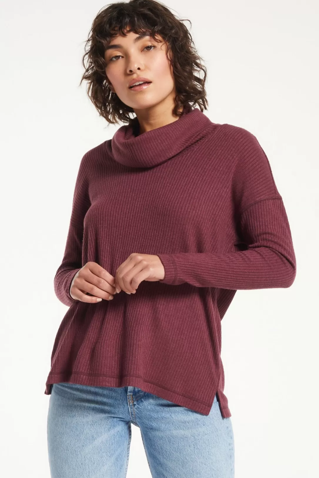 Women Z Supply Jaziah Rib Cowl Neck Top-Crimson |