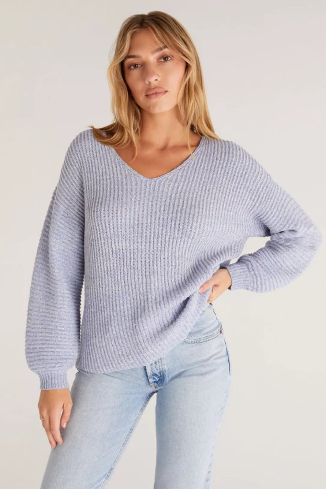 Women Z Supply Joni V-Neck Pullover-Blue Bird |