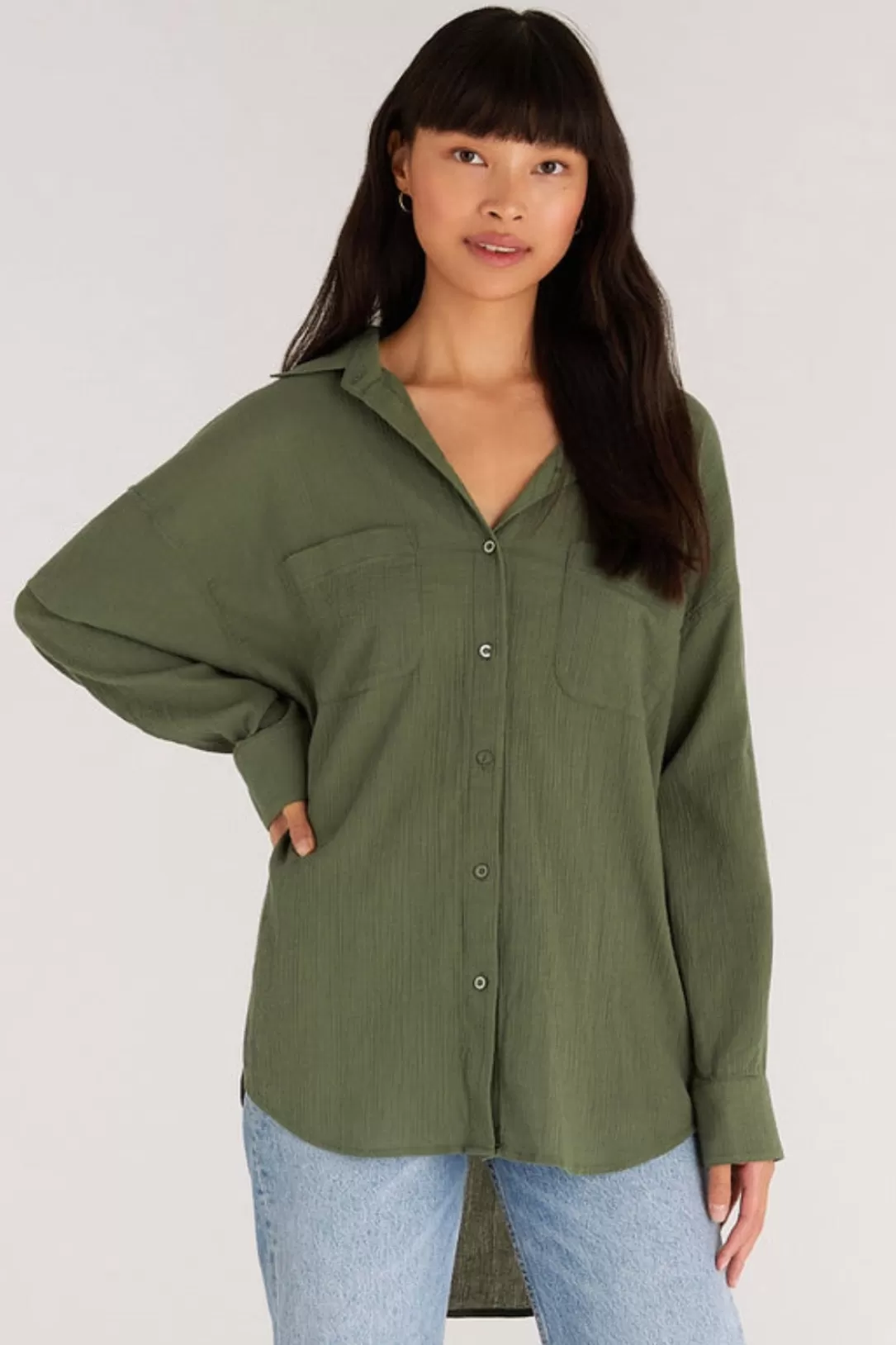 Women Z Supply Lalo Gauze Button Up Top-Forest |