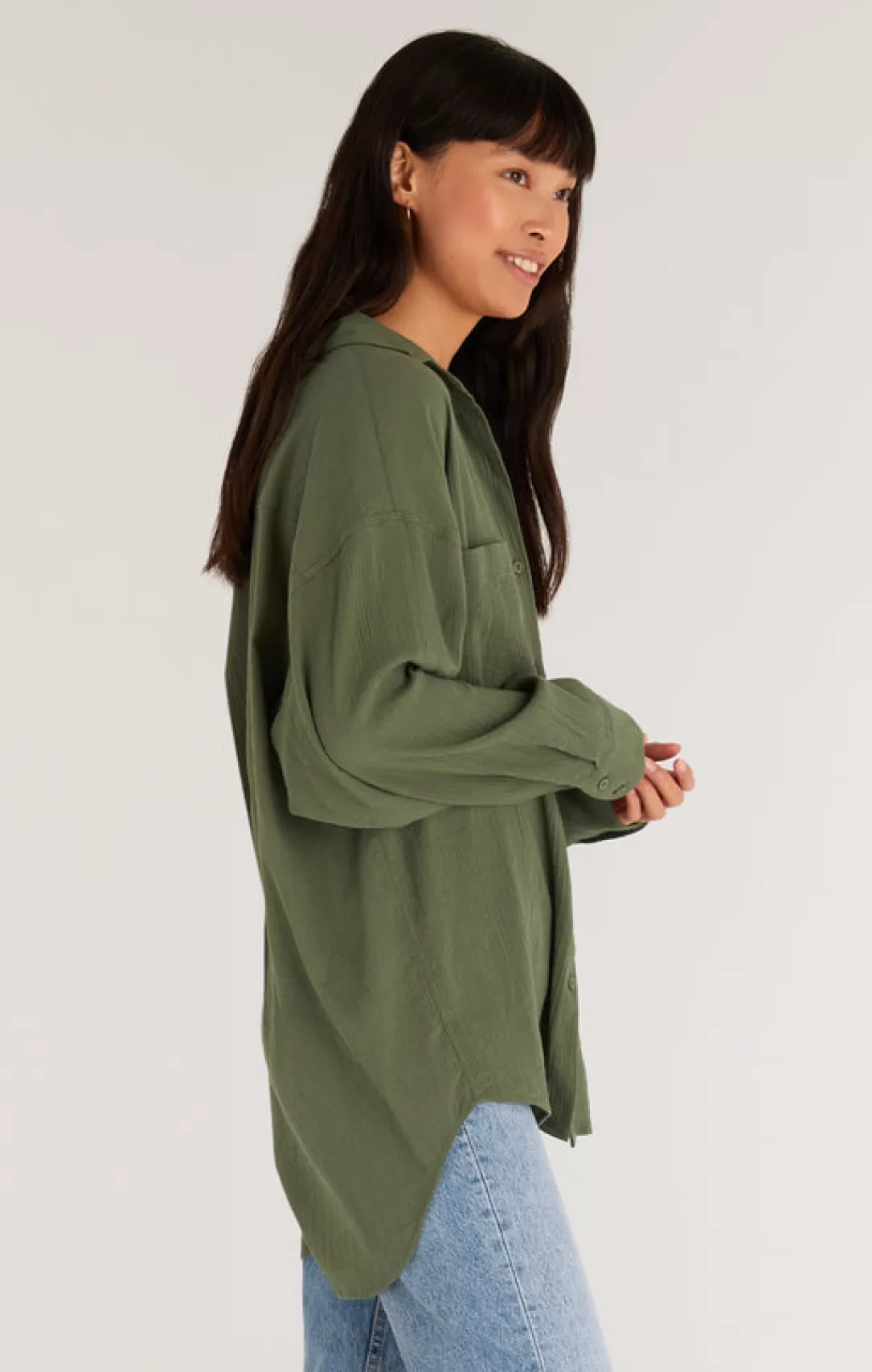 Women Z Supply Lalo Gauze Button Up Top-Forest |