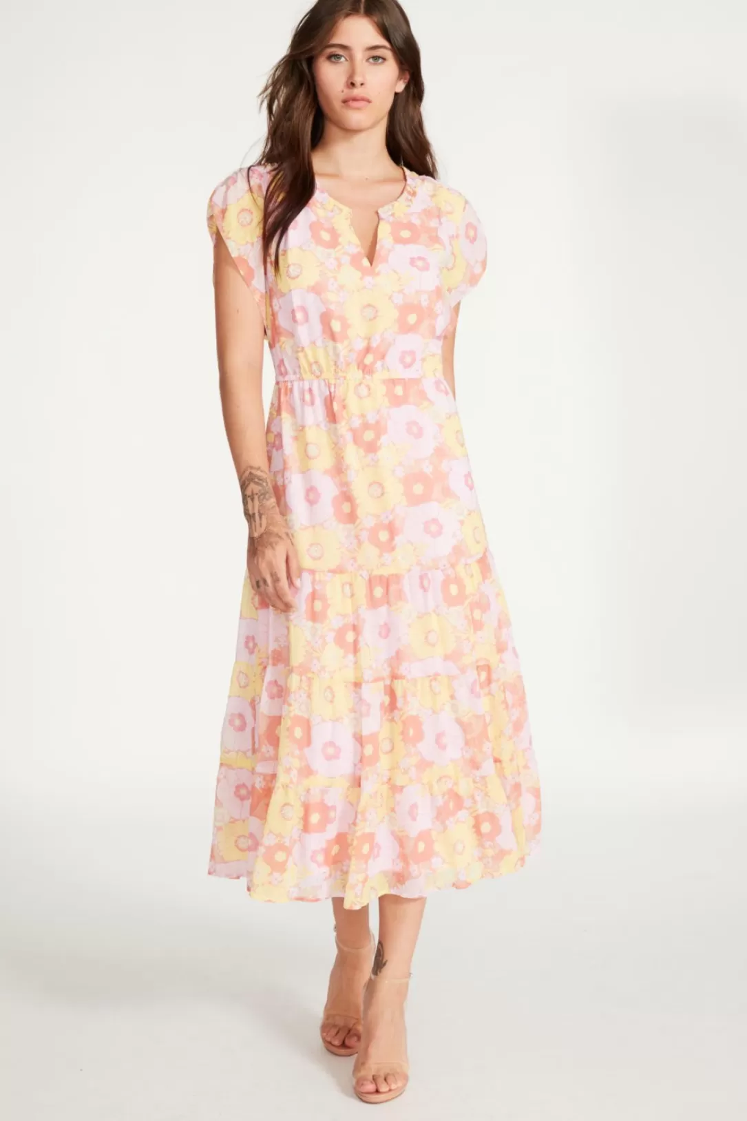 Women BB Dakota by Steve Madden Leigh Floral Midi Dress-Pink Multi |