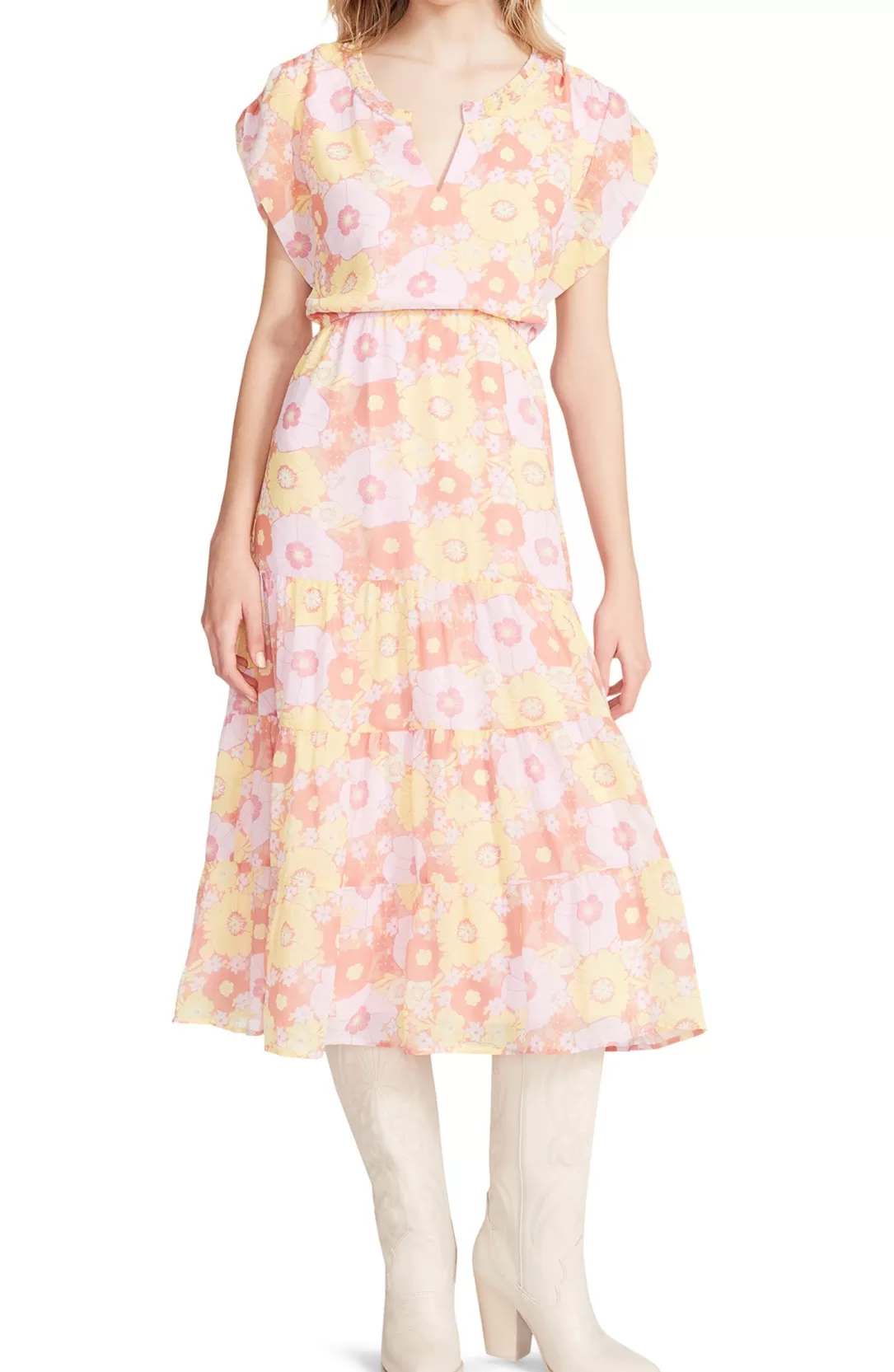Women BB Dakota by Steve Madden Leigh Floral Midi Dress-Pink Multi |
