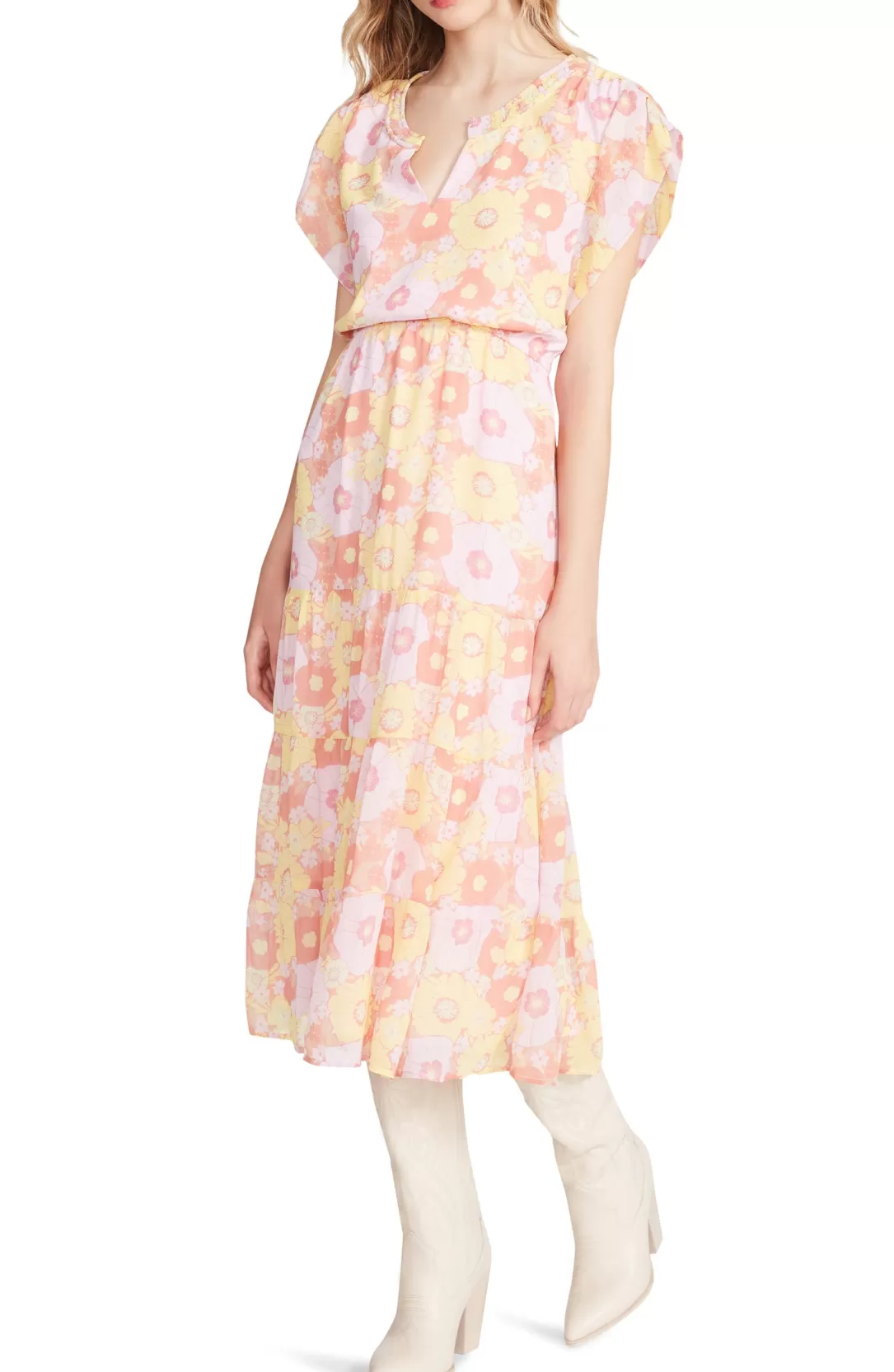 Women BB Dakota by Steve Madden Leigh Floral Midi Dress-Pink Multi |
