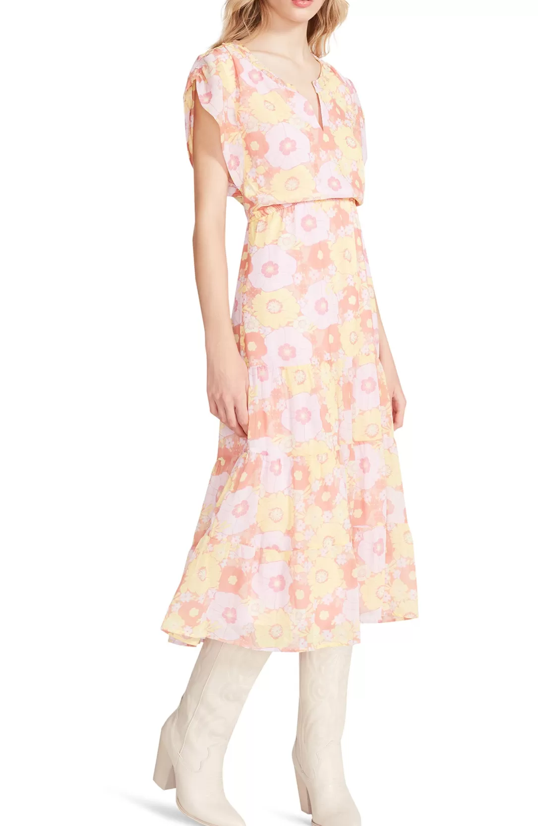 Women BB Dakota by Steve Madden Leigh Floral Midi Dress-Pink Multi |