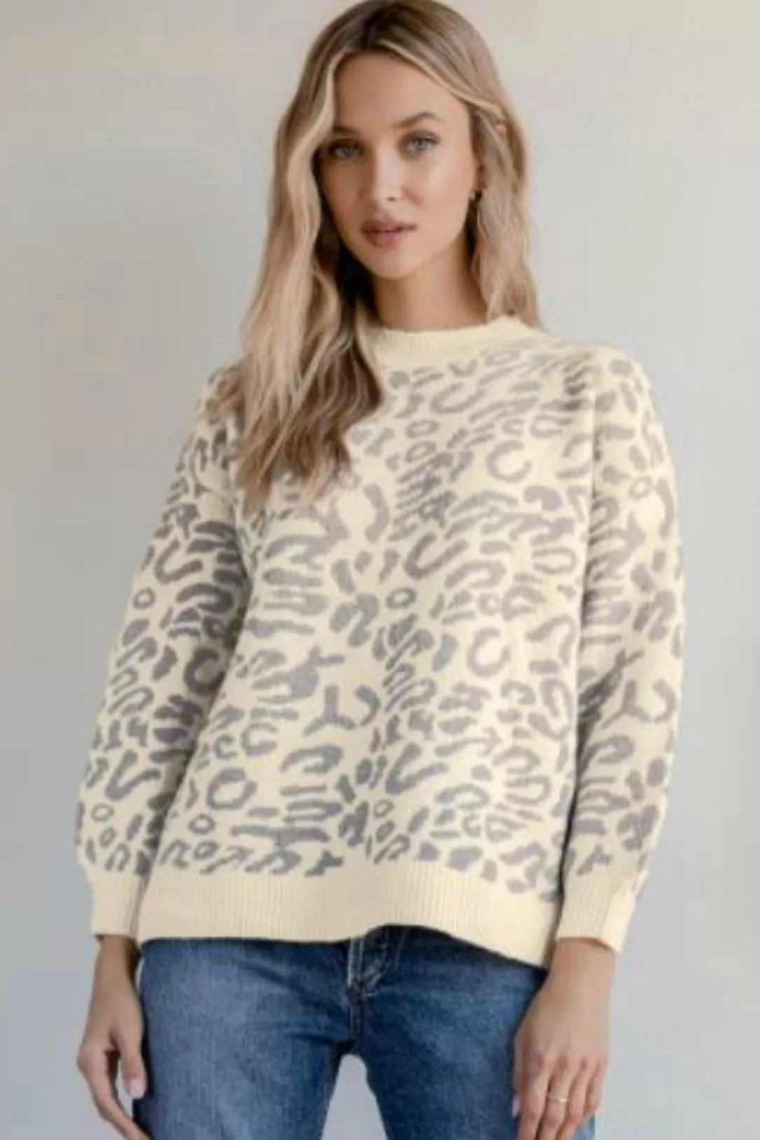 Women RD Style Leopard Knit Balloon Sleeve Sweater |