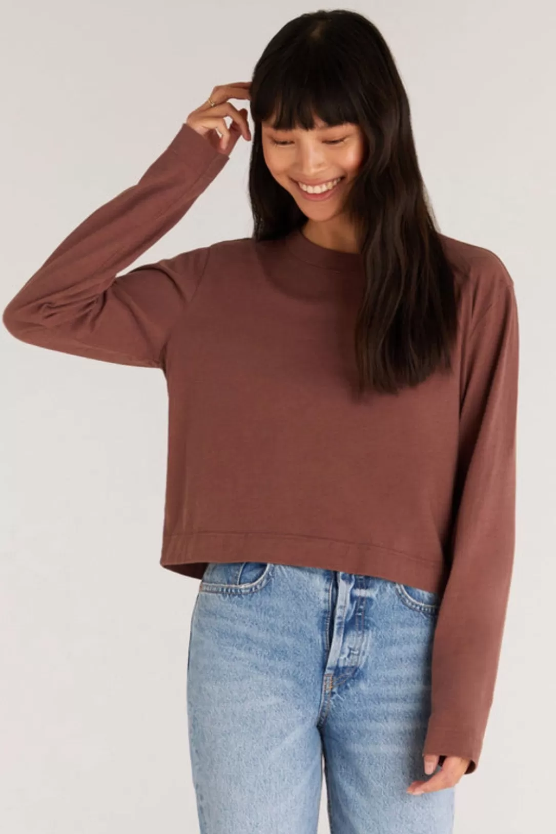 Women Z Supply Lupita Crop Long Sleeve Top-Espresso |