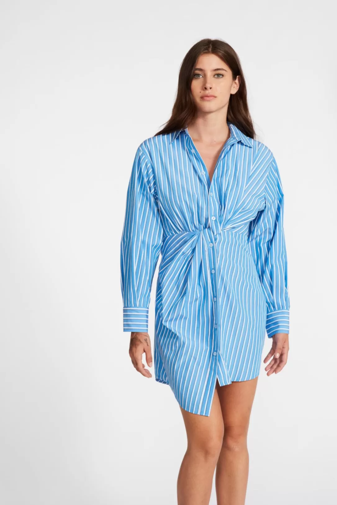 Women BB Dakota by Steve Madden Nadia Stripe Twist Front Long Sleeve Shirtdress-Blue |