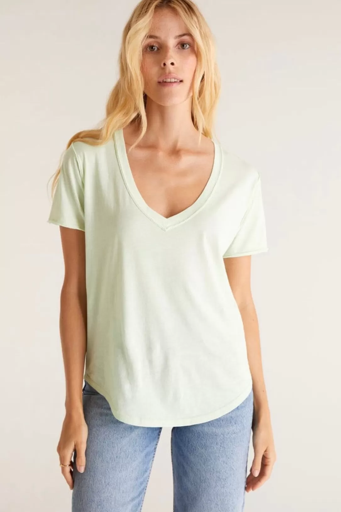 Women Z Supply Organic Cotton V-Neck Tee-Whisper Mint |