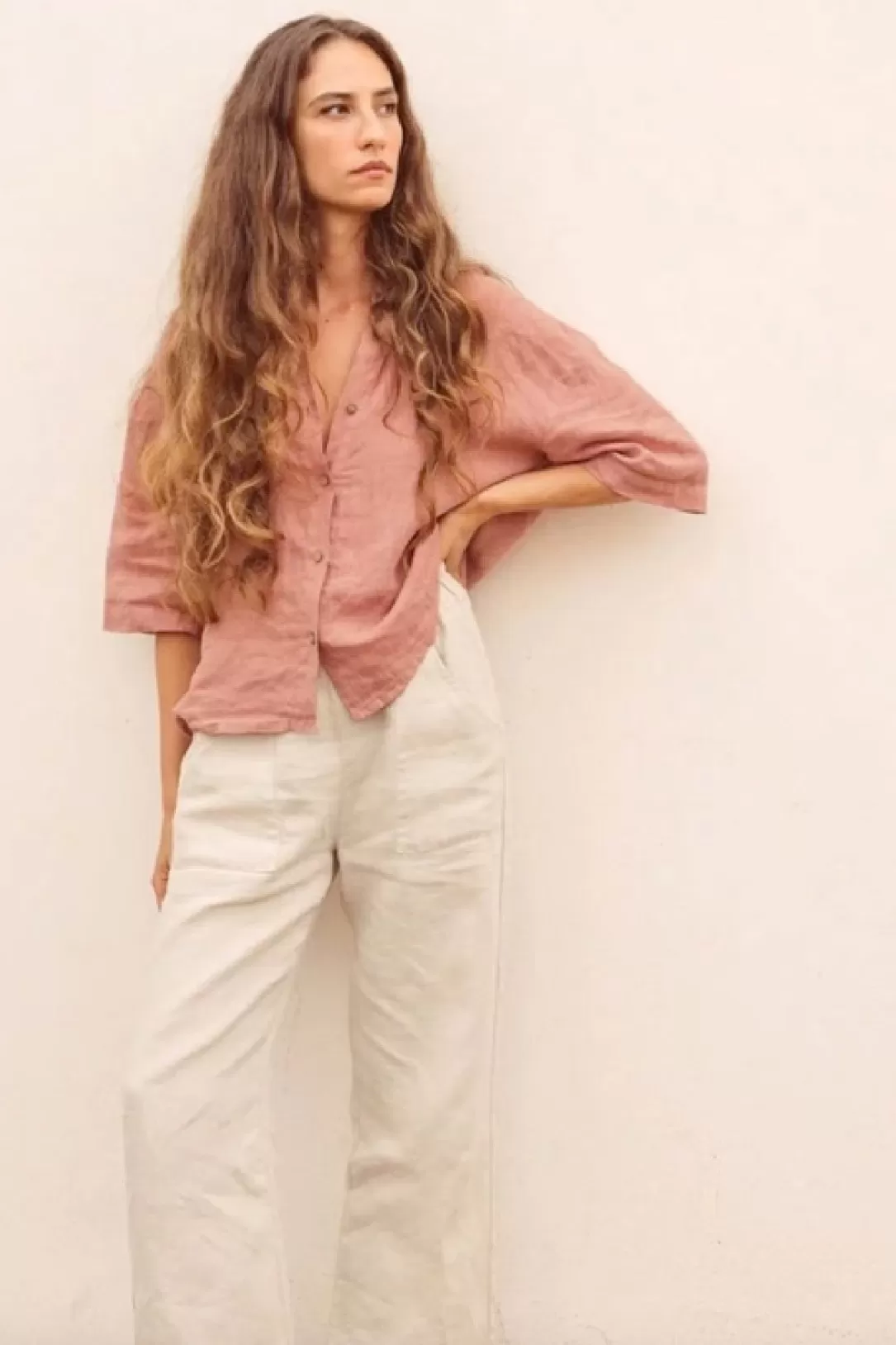 Women Indi & Cold Oversize Linen Shirt-Pink |