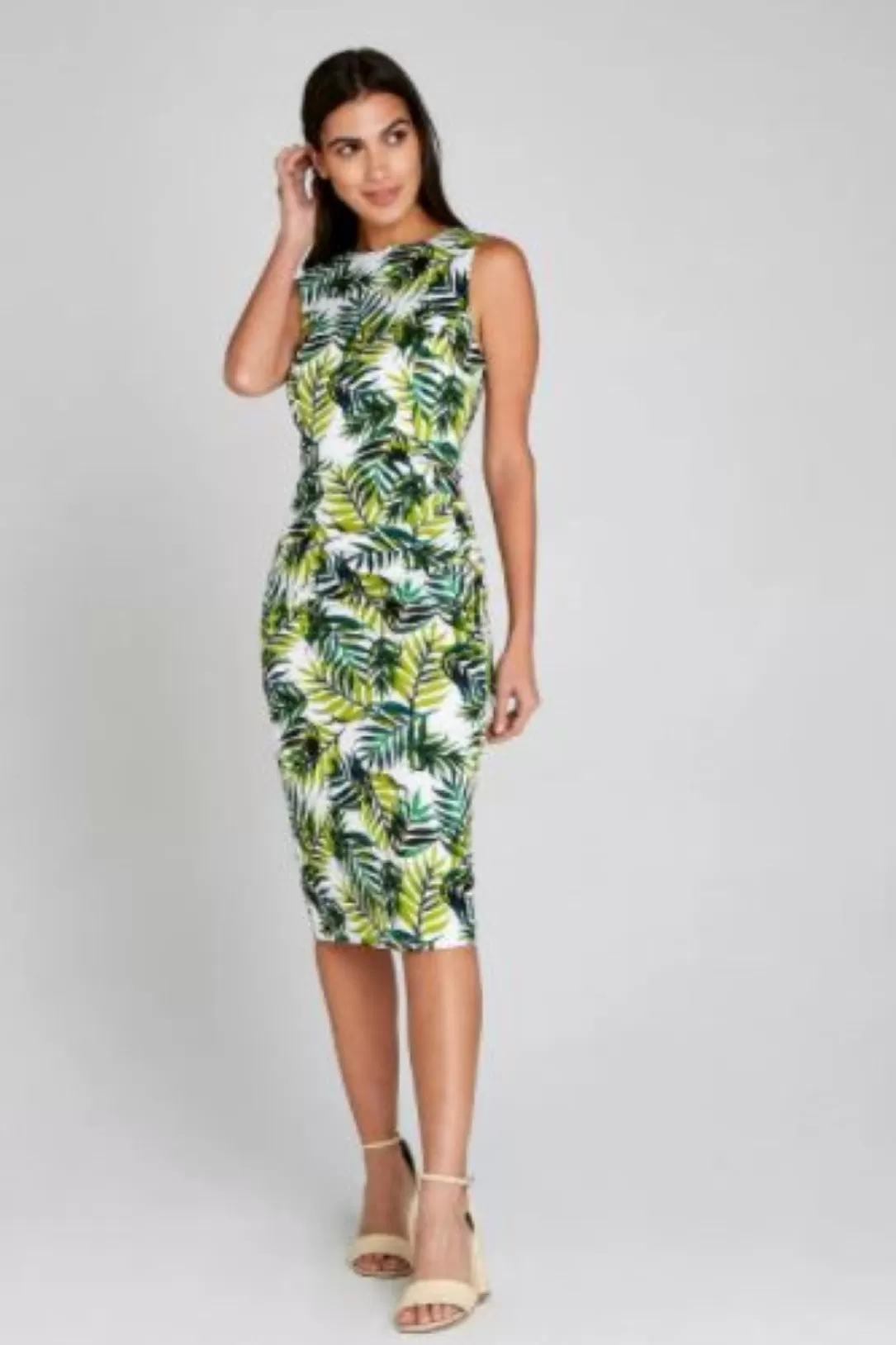 Women Apricot Palm Leaves Ruched Bodycon Dress |