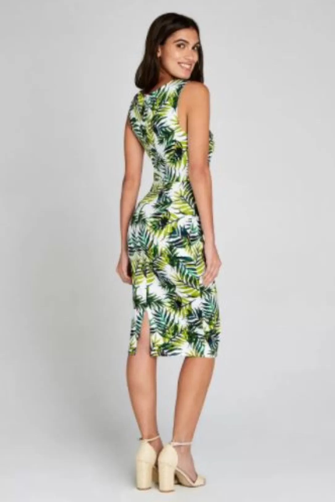 Women Apricot Palm Leaves Ruched Bodycon Dress |