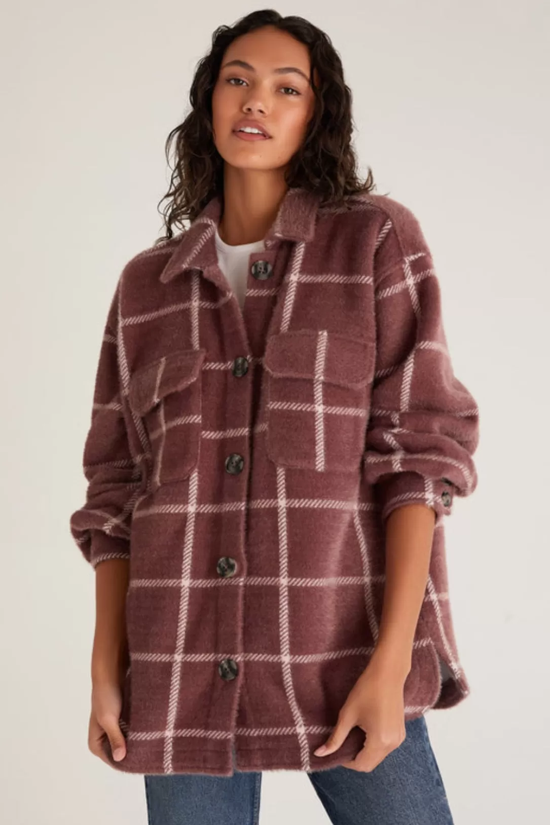 Women Z Supply Plaid Tucker Jacket-Espresso |