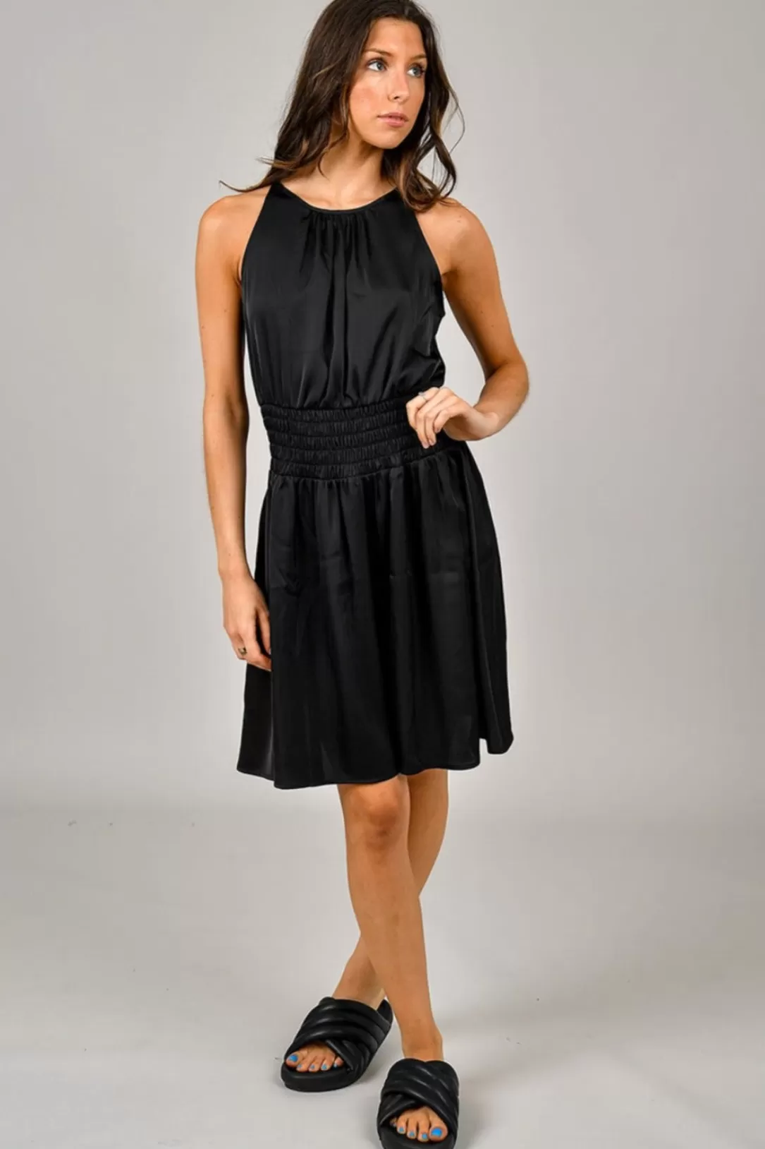 Women RD Style Rachelle Smocked Waist Satin Dress-Black |