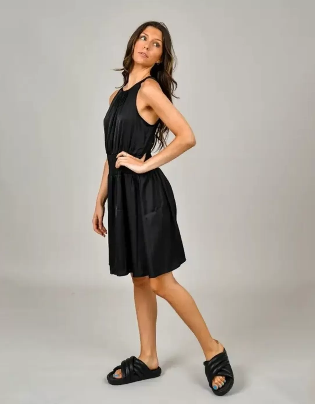 Women RD Style Rachelle Smocked Waist Satin Dress-Black |