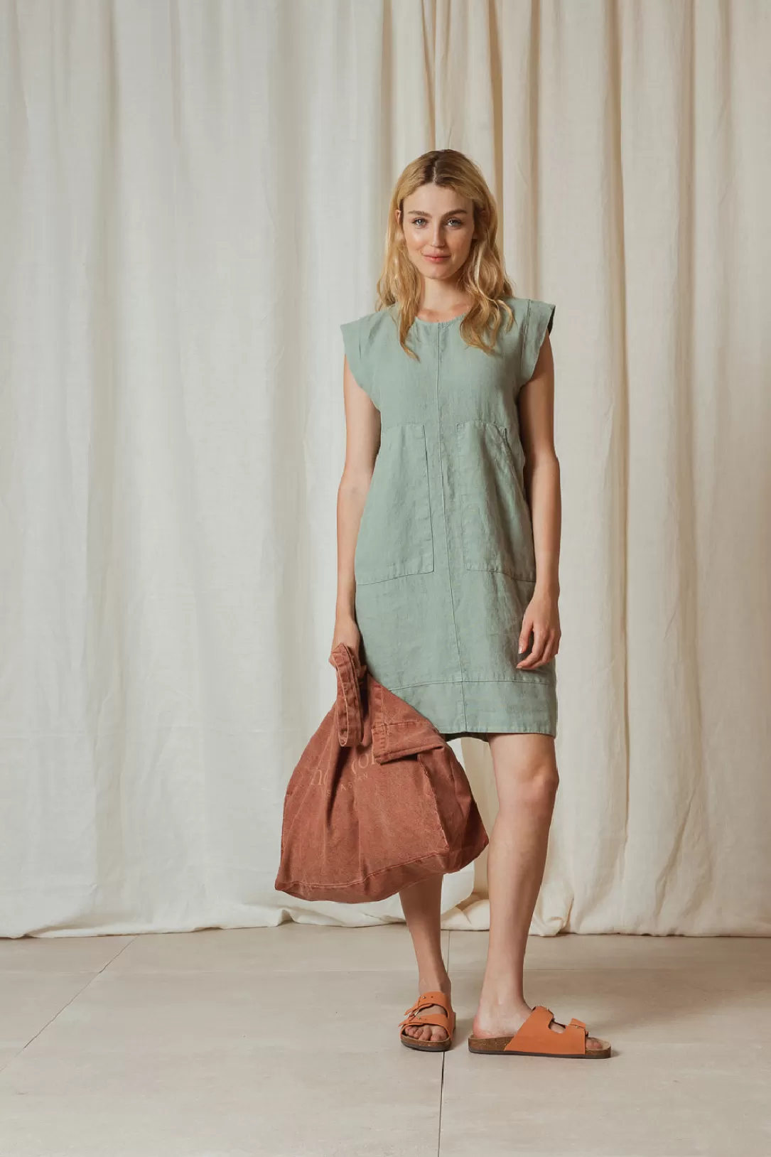 Women Indi & Cold Retro Linen Dress-Aloe |