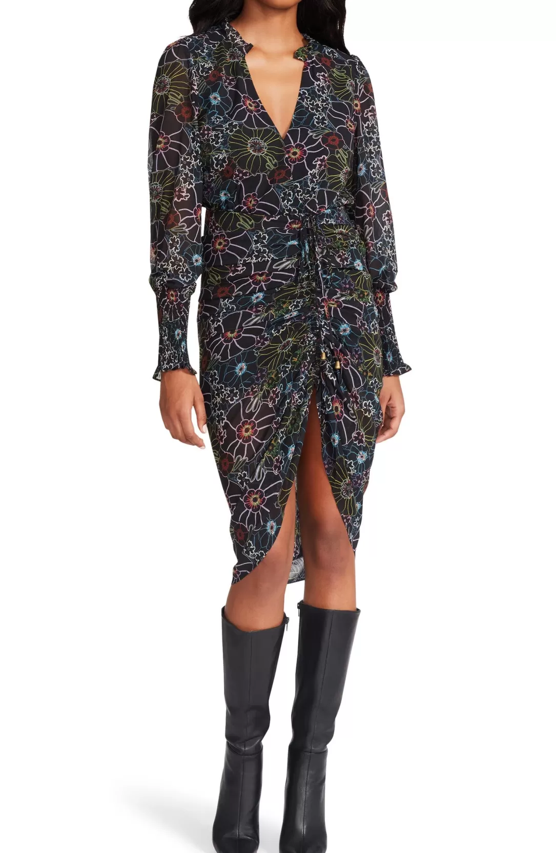 Women BB Dakota by Steve Madden Romany Floral Long Sleeve Dress-Black Multi |