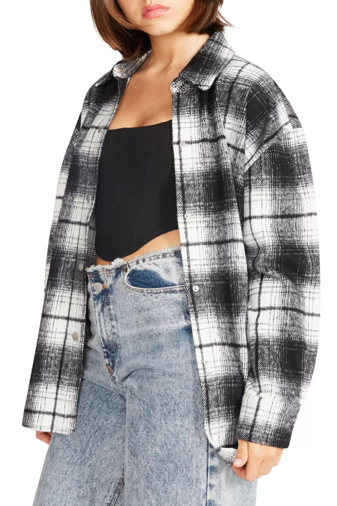 Women BB Dakota by Steve Madden Sophia Plaid Shacket-Black |