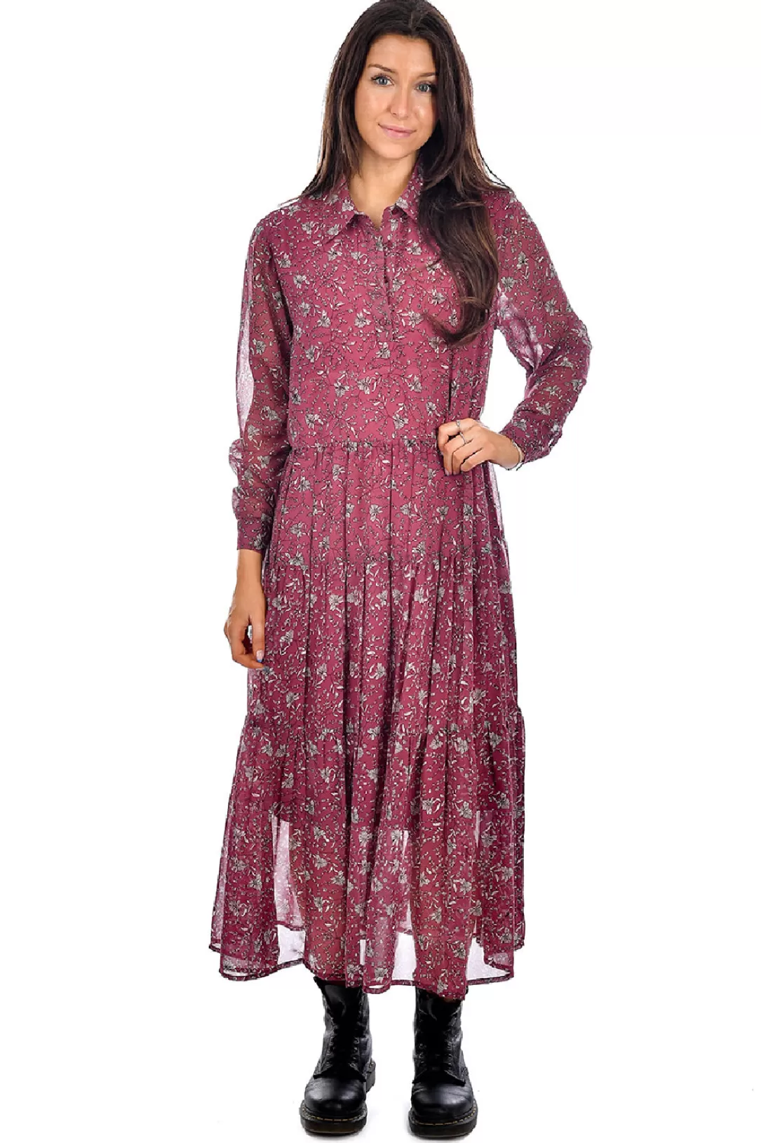 Women RD Style Sophia Printed Georgette Tiered Dress-Sangria |