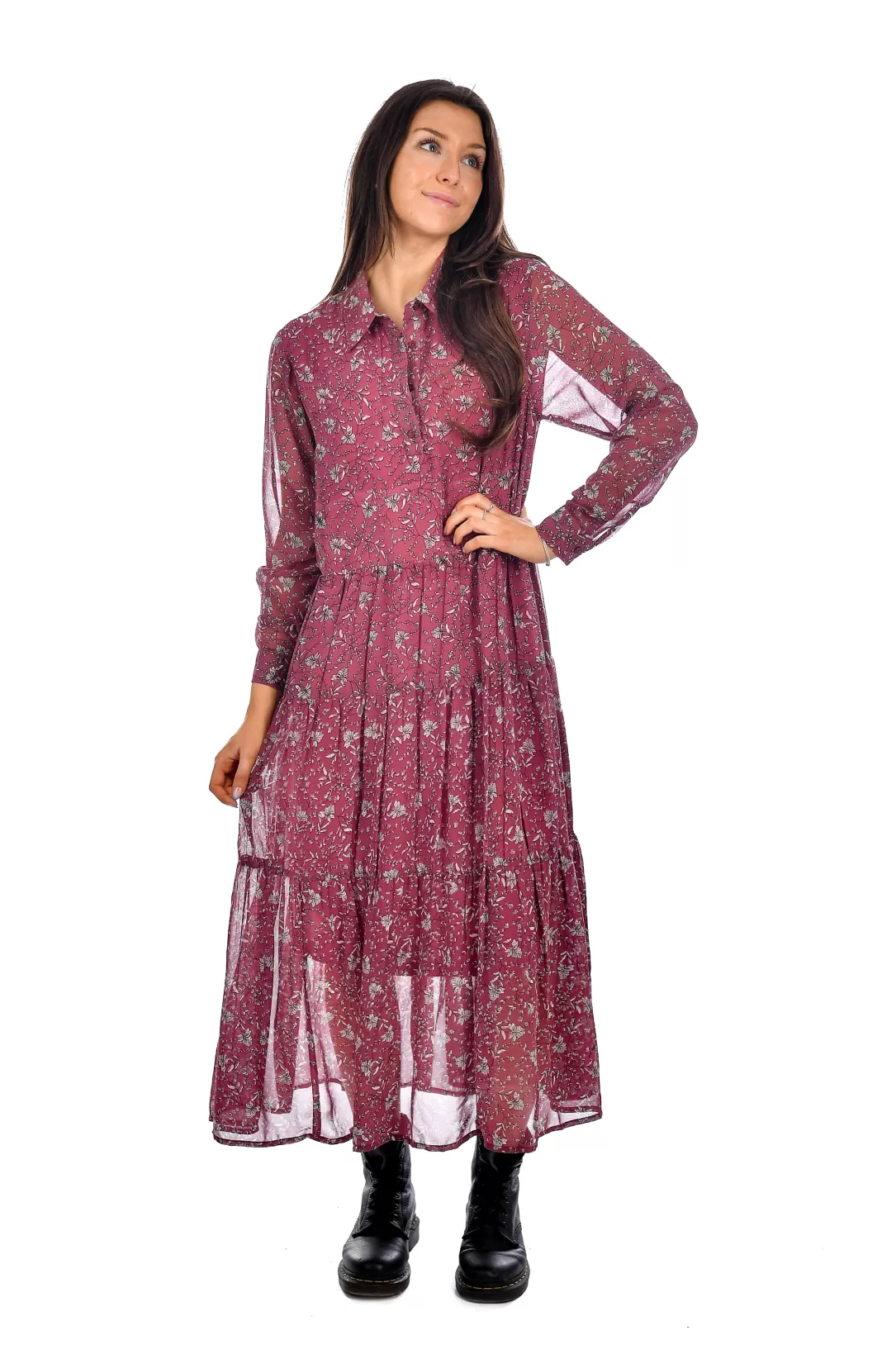 Women RD Style Sophia Printed Georgette Tiered Dress-Sangria |