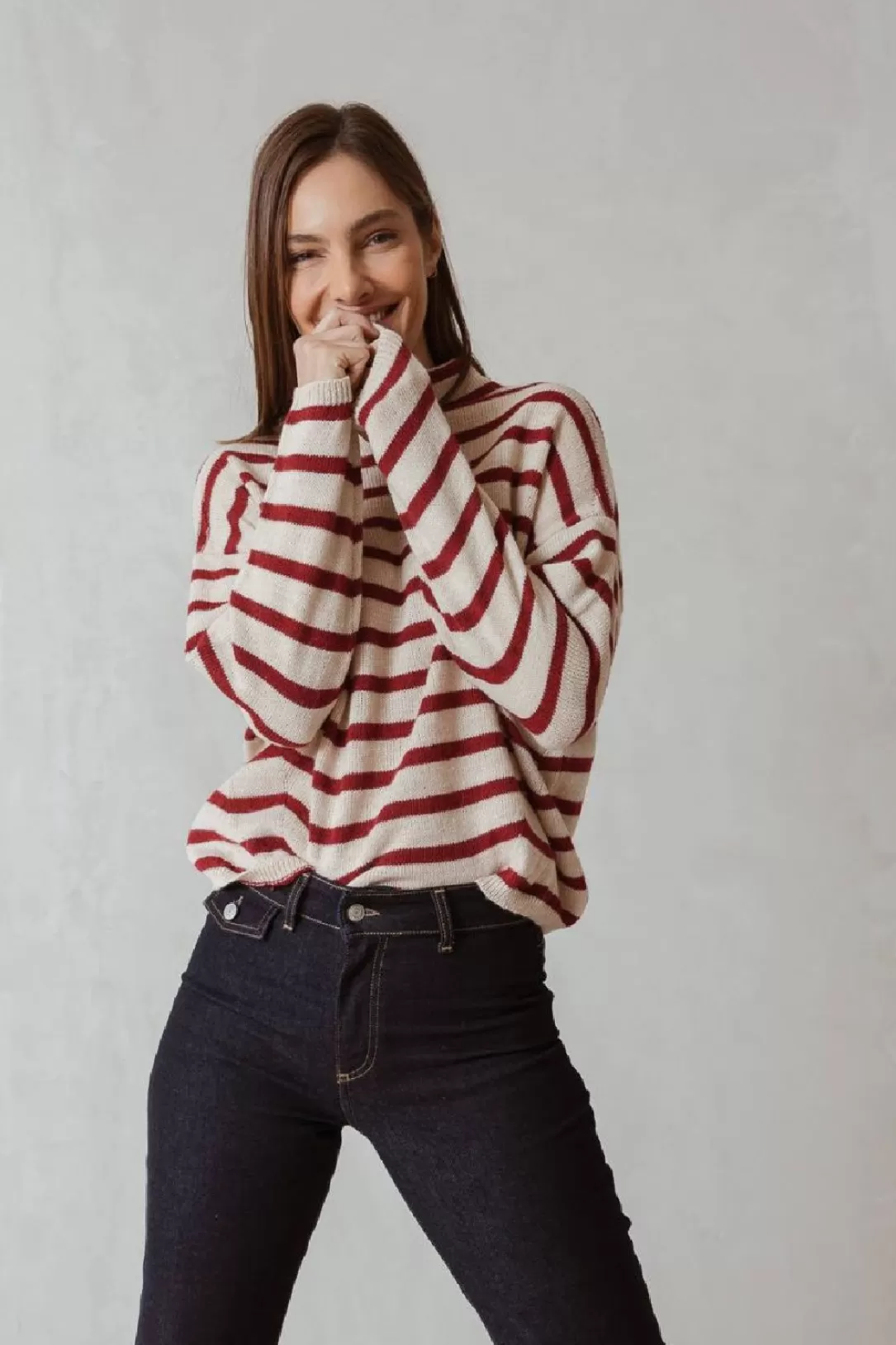 Women Indi & Cold Stripe Sweater-Ecru |