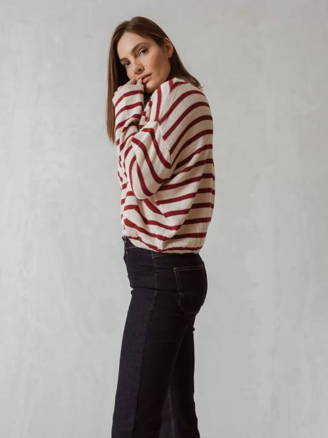 Women Indi & Cold Stripe Sweater-Ecru |