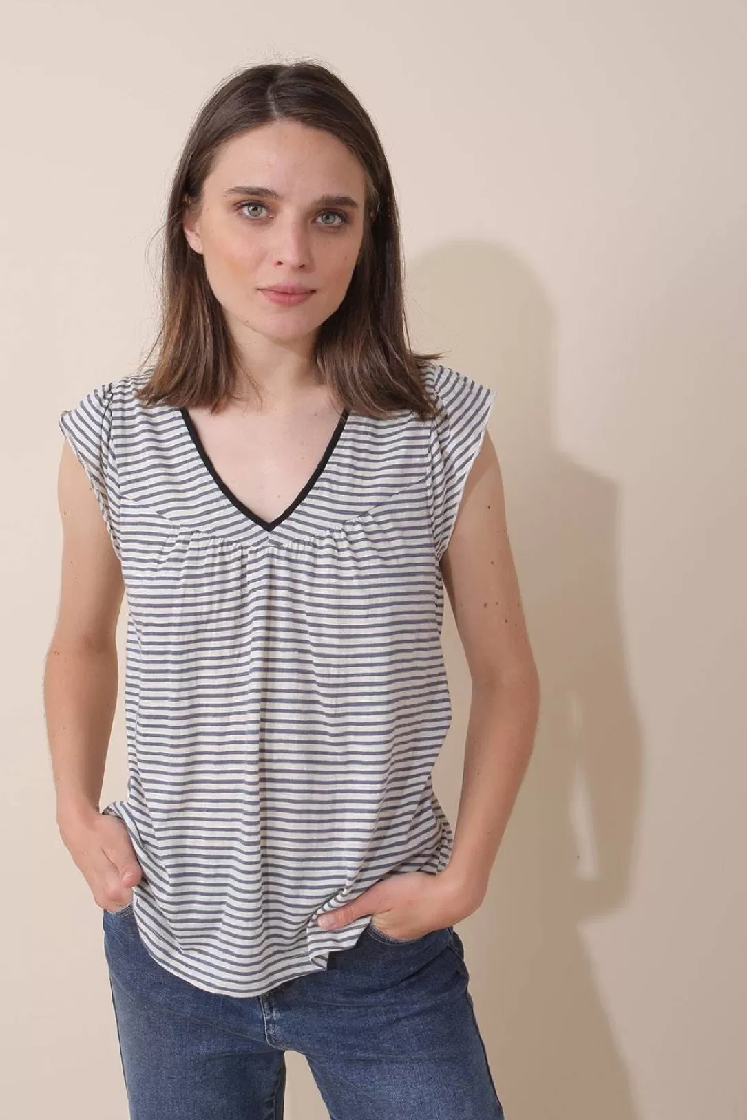 Women Indi & Cold Stripe V-Neck T-Shirt |