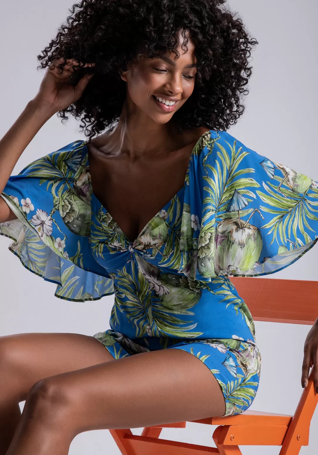 Women Lez a Lez Tropical Romper With Wide Sleeves |